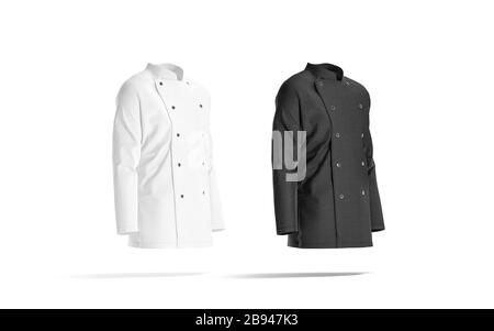 Mockup bianco bianco e nero giacca chef, vista laterale Foto Stock
