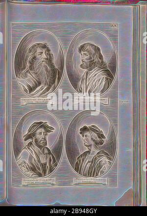 John Holbein Senior Augusta, Augusta e Sigmund Holbein, John Holbein il giovane Basileensis, Nicholas Manuel, Bemensis, Ritratto di Hans Holbein d., Ä, Sigmund Holbein, Hans Holbein il Vecchio, J, Niklaus Manuel, firmato: Sandrart delineav, R. Collin sc, Fig. 24, AA, After p. 424, Sandrart, Joachim von (inv.), Collin, Richard (sc.), 1774, Joachim von Sandrart:Teutsche Academie der Bau- Bildhauer- und Maler-Kunst: Worinn die Regeln und Lehrsätze dieser Künste gegeben, nicht wenzu mehrerer Erläuterung behelen in, Künstler exel wurche in beygefüget Foto Stock