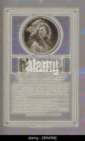 Marie Anne Charlotte Corday d'Armans, originaria della parrocchia di San Saturnin des Lignerets, Dipartimento del Calvados, giudicata il 17 luglio 1793, Ritratto di Marie Anne Charlotte Corday d'Armon e l'assassinio di Marat, firmato: Le vachez sculp, Duplessi-Bertaux inv. Et del, Duplessi-Bertaux aqua forti, Fig. 29, p. 9 (Provisoire government), Levachez, Charles François Gabriel (sc.), Duplessi Bertaux, Jean (inv. Et del., aqua forti), Collection complète des tableaux historiques de la Révolution française en trois volumes [...]. Bd 3. A Paris: chez Auber, EDItEUR, et seul Propriétaire: De l'Imprimerie Foto Stock