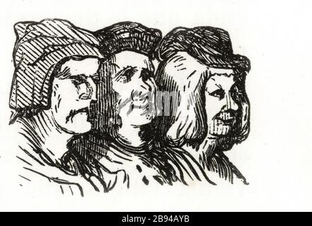 Nota avarious di tre persone. Illustrazione per Honoré de Balzac, The Tales comical, Parigi: General Society Library, 1855 (rating: R8 ° Cc1405) Gustave Doré (1832-1883), dessinateur et Adrien Lavieille (1818-1862), graveur. "Trois gens avaricieux notez." Illustrazione pour Honoré de Balzac, 'Les Contes drolatiques', Parigi : Société générale de librairie, 1855'. Gravure sur bois. Parigi, Maison de Balzac. Foto Stock