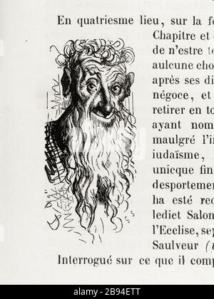 Salomone fece Rastchild che, maulgré l'infamia della sua persona, iudaïsme, è stato ouy. Illustrazione per Honoré de Balzac, The Tales comical, Parigi: General Society Library, 1855 (rating: R8 ° Cc1405) Gustave Doré (1832-1883), dessinateur et Gérard (XIXème siècle), graveur. "Salomon a Rastchild, lequel, maulgré l'infamie de sa personne, figlio iudaïsme, ha esté ouy." Illustrazione pour Honoré de Balzac, 'Les Contes drolatiques', Parigi : Société générale de librairie, 1855'. Gravure sur bois. Parigi, Maison de Balzac. Foto Stock