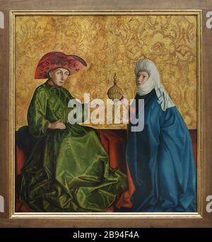 Dipinto 'Re Salomone e la Regina di Sheba' del pittore rinascimentale tedesco Konrad Witz (1435-1437) in mostra nella Berliner Gemäldegalerie (Pinacoteca di Berlino) di Berlino, Germania. Foto Stock