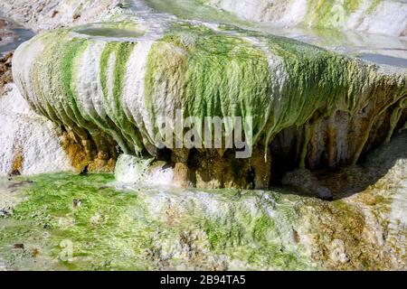 Una foto panoramica dell'attività geotermica ha prodotto acque termali a Egerszalok, Ungheria, che si trovano all'interno di un lim terrazzato colorato Foto Stock