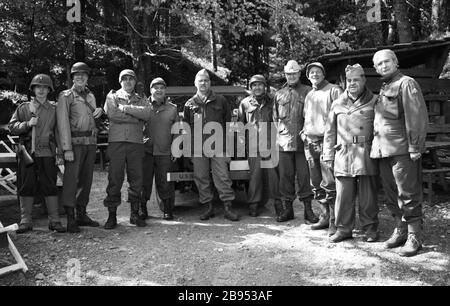 Rievocazione storica di soldati americani alleati in fila l'uno accanto all'altro in uniforme e casco Foto Stock