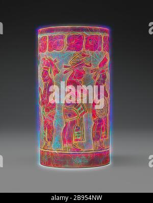 Vaso cacao, cultura Maya, 600-900, terracotta dipinta, 10 x 5-1/4 (diam.) in., glifi Maya in cima., Arti native delle Americhe, Reimagined by Gibon, design di calore allegro di luminosità e raggi di luce radianza. Arte classica reinventata con un tocco moderno. La fotografia ispirata al futurismo, che abbraccia l'energia dinamica della tecnologia moderna, del movimento, della velocità e rivoluziona la cultura. Foto Stock