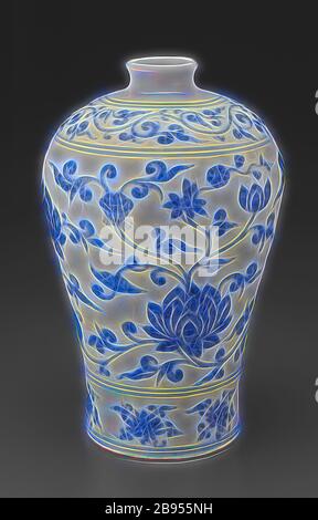 Vaso con pergamene floreali dipinte, Yongle, dinastia Ming, periodo, Yongle, 1403-1424, porcellana con underglaze blu, 9-3/4 in., Arte Asiatica, Reimagined by Gibon, design di calore allegro di luminosità e raggi di luce radianza. Arte classica reinventata con un tocco moderno. La fotografia ispirata al futurismo, che abbraccia l'energia dinamica della tecnologia moderna, del movimento, della velocità e rivoluziona la cultura. Foto Stock