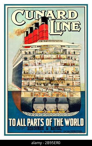 Nave da crociera d'epoca Steamer Poster CUNARD LINE A TUTTE LE PARTI DEL MONDO litografia a colori, c.A.T., stampato da T. Forman & Sons, Londra, Foto Stock