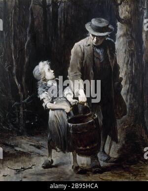 VALJEAN E COSETTE - LES MISERABLES Jean Geoffroy (1853-1924). "Jean Valjean et Cosette" ("Les Misérables" de Victor Hugo). Huile sur bois. Parigi, Maison de Victor Hugo. Foto Stock