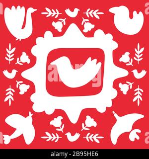 Decorazioni con motivi artistici popolari ispirate alla forma d'arte tradizionale su sfondo rosso. Primavera, Merry Natale piastrelle piazza. Stile Scandinavo tradizionale Illustrazione Vettoriale