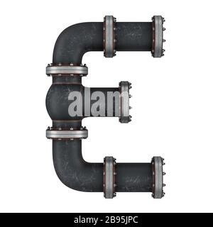 Lettera e da tubi in ghisa, rendering 3D isolato su sfondo bianco Foto Stock