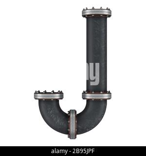 Lettera J da tubi in ghisa, rendering 3D isolato su sfondo bianco Foto Stock