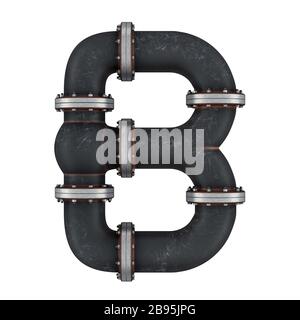 Lettera B da tubi in ghisa, rendering 3D isolato su sfondo bianco Foto Stock