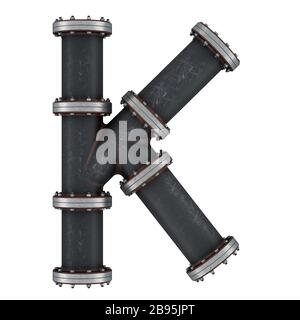 Lettera K da tubi in ghisa, rendering 3D isolato su sfondo bianco Foto Stock