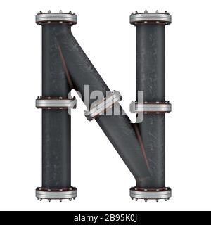 Lettera N da tubi in ghisa, rendering 3D isolato su sfondo bianco Foto Stock