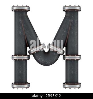 Lettera M da tubi in ghisa, rendering 3D isolato su sfondo bianco Foto Stock