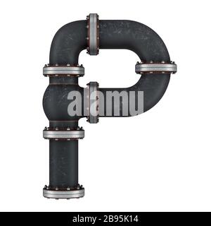 Lettera P da tubi in ghisa, rendering 3D isolato su sfondo bianco Foto Stock