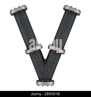 Lettera V da tubi in ghisa, rendering 3D isolato su sfondo bianco Foto Stock