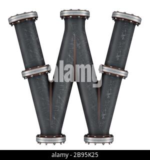 Lettera W da tubi in ghisa, rendering 3D isolato su sfondo bianco Foto Stock