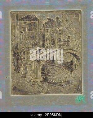 Canale e Ponte Veneziano, Robert Frederick Blum (americano, 1857-1903), 1886, inchiostro su carta, incisione, 5-3/4 x 5 pollici. (immagine) 12-1/2 x 9 in. (Foglio), stampato in rosso sotto l'immagine L.R.: Blum, Reimagined by Gibon, disegno di calore allegro di luminosità e raggi di luce radianza. Arte classica reinventata con un tocco moderno. La fotografia ispirata al futurismo, che abbraccia l'energia dinamica della tecnologia moderna, del movimento, della velocità e rivoluziona la cultura. Foto Stock