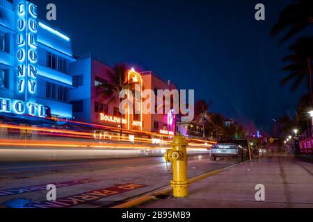Miami Beach, colorato quartiere Art Deco di notte Miami Florida 2018 aprile Foto Stock