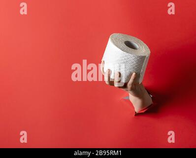 Mano della donna attraverso la parete di carta che tiene rotolo di carta igienica. Carta igienica in tutto il mondo panico acquisto. Foto Stock