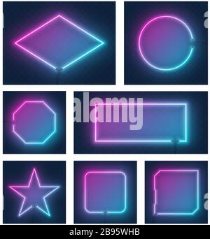 Set di realistiche cornici al neon dalle forme diverse isolate su sfondo trasparente. Effetto neon luminoso e luminoso. Ogni telaio è separato uni Illustrazione Vettoriale