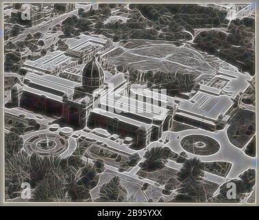 Fotografia - veduta aerea dell'edificio delle Esposizioni dal Sud Est, Melbourne, 1948, fotografia aerea in bianco e nero dell'edificio delle Esposizioni dal Sud Est, scattata nel 1948. La fotografia mostra i precetti est e ovest, la fontana Hochgurtel, gli annessi est e ovest e l'ovale. Si tratta di una delle 959 fotografie (o immagini) del Palazzo delle Esposizioni raccolte dai Trustees delle Esposizioni come una storia pittorica di 10 volumi del Palazzo delle Esposizioni, reimmaginata da Gibon, design di un caldo e allegro bagliore di luminosità e di raggi di luce. Arte classica reinventata con Foto Stock