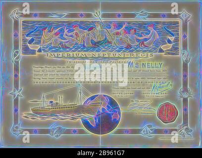 Certificato - Crossing the Equator, MS Nelly, Wittusen & Jensen AS, 3 giu 1950, Crossing the Equator Certificate, pubblicato da Wittusen & Jensen AS, circa 1950. È stato rilasciato ai passeggeri della MS Nelly per attraversare l'equatore il 3 giugno 1950. Questo certificato è stato rilasciato a Nicolae o a Barbara Condurateanu durante il loro viaggio in Australia nel 1950. Nicolae Condurateanu era un rumeno che fu posto in un campo di POW durante la seconda guerra mondiale in Germania. Incontrò sua moglie Barbara, anche Reimagined by Gibon, con il design di una calda e allegra luce luminosa che illumina la luminosità e la luminosità dei raggi luminosi. Arte classica reinventata con Foto Stock
