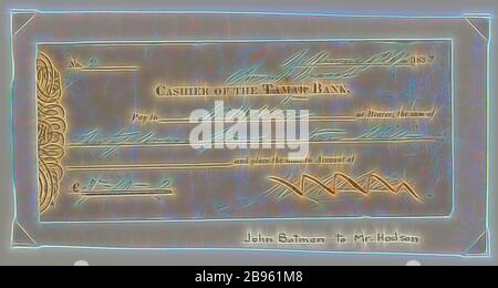 Assegno - John Batman, Tamar Bank, Derwent Branch, Victoria, Australia, 9 aprile 1838, controllo per trentasette libbre dieci shillings emessi da John Batman, per Derwent Bank, reso pagabile al sig. Hodson o al portatore, 9 aprile 1838. Firmato da John Batman., Reimagined da Gibon, design di calore allegro di luminosità e raggi di luce radianza. Arte classica reinventata con un tocco moderno. La fotografia ispirata al futurismo, che abbraccia l'energia dinamica della tecnologia moderna, del movimento, della velocità e rivoluziona la cultura. Foto Stock