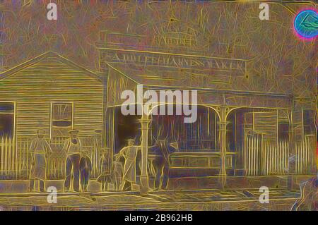 Fotografia digitale - Proprietario, personale e famiglia fuori J Kelly Saddlers & Harness Maker, St Kilda, fine del 1870, Seppia fotografia con John Kelly, tre del suo staff e tre dei suoi bambini fuori del suo negozio J Kelly Saddlers & Harness Maker al 384 High Street St Kilda, verso la fine del 1870. John Kelly è venuto in Australia dall'Irlanda con i suoi fratelli Peter e Michael e la sorella Elizabeth in 1864. Dopo tre anni ha istituito la sua attività di selleria a St Kilda. Questa sede aziendale è stata, reinventata da Gibon, il design di calda allegra luce di luminosità e raggi di luce radianti. Arte classica Foto Stock