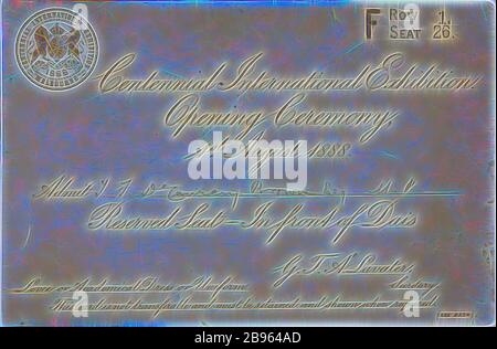 Biglietto - cerimonia di apertura, 1 agosto 1888, biglietto, indirizzato a T F De Courcy Browne Esq, MP, per la cerimonia di apertura della Melbourne Centennial International Exhibition che si è tenuta il 1 agosto 1888. Sul retro del biglietto è stampato un piano dei posti a sedere. Il sig. De Courcy Browne e sua moglie erano seduti nella sezione F, fila 1, 26 e 27 posti. La sezione F era immediatamente di fronte al dais. Thomas Frederic de Courcy Browne era un membro di, Reimagined da Gibon, disegno di caldo allegro incandescente di luminosità e di irradiazione di raggi di luce. Arte classica reinventata con un tocco moderno. Fotografia ispirata a fu Foto Stock