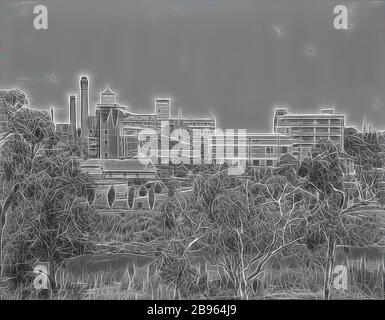 Vetro negativo, stabilimento di Abbotsford da tutta la Yarra River, circa anni '40, bianco e nero, vetro negativo della fabbrica Kodak Australasia Pty Ltd a Abbotsford, vista obliqua da tutta la Yarra River, circa anni '40. Questo è uno dei 5 negativi di vetro contenuti in una scatola. 11 negativi in totale (5 lastre di vetro e 6 negativi di acetato di cellulosa in sacchetti di vetro). Tutti i negativi presentano vedute esterne della fabbrica di Abbotsford e la scatola in cui sono entrati è stata contrassegnata, Reimagined by Gibon, design di calda e allegra luce incandescente e raggi di luce radianza. Arte classica reinventata con un tw moderno Foto Stock