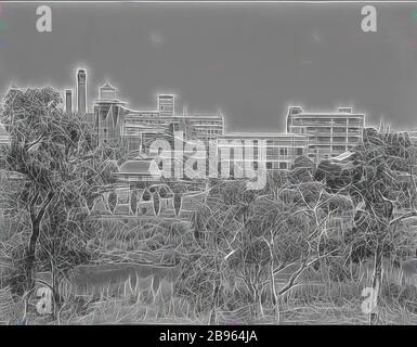 Vetro negativo, stabilimento di Abbotsford da tutta la Yarra River, circa anni '40, bianco e nero, vetro negativo della fabbrica Kodak Australasia Pty Ltd a Abbotsford, vista obliqua da tutta la Yarra River, circa anni '40. I dipendenti possono essere visti nell'area ricreativa dei terreni, con possibilità di praticare sport come cricket o calcio. Questo è uno dei 5 negativi di vetro contenuti in una scatola. 11 negativi in totale (5 lastre di vetro e 6 negativi di acetato di cellulosa, Reimagined by Gibon, design di calda e allegra luce di luminosità e di irraggiamento dei raggi di luce. Arte classica reinventata con un tocco moderno. Foto Stock