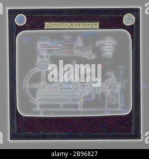 Lantern Slide - Tangyes Ltd, Robson gas Engine Diagram, 1879, uno dei 239 vetrini lanterna di vetro raffiguranti prodotti fabbricati da Tangyes Limited ingegneri di Birmingham, Inghilterra. Le immagini includono vari prodotti come motori, pompe centrifughe, pompe idrauliche, produttori di gas, macchine per prove materiali, presse, macchine utensili, martinetti idraulici ecc. Tangyes è stata un'azienda che operava dal 1857 al 1957. Hanno prodotto una vasta gamma di ingegneria, Reimagined da Gibon, disegno di caldo allegro incandescente di luminosità e di irradiazione di raggi di luce. Arte classica reinventata con un tocco moderno. Foto Foto Stock