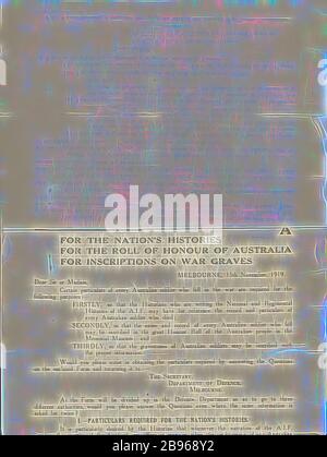 Lettera - richiesta di informazioni sul soldato australiano deceduto, 15 novembre 1919, Nome alternativo: Aerogram, opuscolo, modulo lettera modulo stampato lettera che richiede informazioni sui soldati defunti da utilizzare nelle 'storie della nazione', nel 'Roll of Honor for Australia' e nelle 'iscrizioni sui Graves di guerra'. Si rivolge ad Annie Kemp, vedova di Private Kemp, uccisa in azione a Glencorse Wood, sul fronte occidentale, il 21 settembre 1917. La lettera si chiama autori F.G., Reimagined by Gibon, disegno di caldo allegro incandescente di luminosità e raggi di luce radianza. Arte classica reinventata con un t moderno Foto Stock
