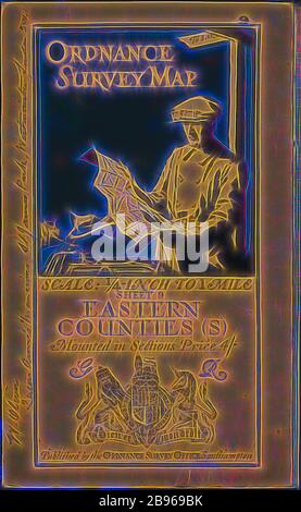 Mappa - 'Ordnance Survey Map, Eastern Counties (S)', Southampton, England, 1911, 'Ordnance Survey Map, Eastern Counties (S)' è una mappa pubblicata dall'Ordance Survey Office di Southampton, Inghilterra, delle contee orientali dell'Inghilterra, tra cui Suffolk, Essex, Bedford Shire, Hertfortshire e Middlesex. Questo è uno di circa ottanta opuscoli di viaggio, mappe, orari ferroviari, cartoline e guide raccolte da Miss Oliver durante il suo giro del mondo degli Uniti, Reimagined by Gibon, design di calda allegra luce di luminosità e raggi di luce radianza. Arte classica reinventata con un m Foto Stock