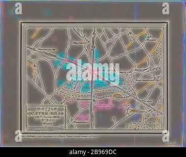 Mappa - Battaglia di Quatre Bras, Campagna di Waterloo, 16 giu 1815, 5 ° campo di indagine, 8 feb 1919, Mappa raffigurante la battaglia di Quatre Bras, 16 giugno 1815. Fu combattuta due giorni prima della battaglia di Waterloo. Parte di un insieme di informazioni sulla Campagna di Waterloo, 1815, comprendente tre mappe, due memo e due tabelle, inviate dalla sede della IV Divisione australiana, a diverse sue unità, il 15 e 16 marzo 1919; Poco dopo la prima guerra mondiale, le mappe raffigurano la battaglia di Quatre, reimmaginata da Gibon, design di calda e allegra luce di luminosità e raggi di luce radianti. Reinvente d'arte classica Foto Stock