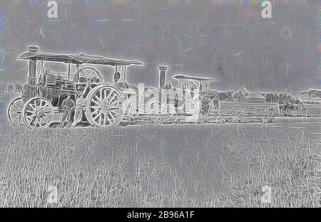 Negativo - aratura a vapore con due motori di trazione ciascuno che tira tre aratri, Werribee, Victoria, 1910, due motori di trazione a vapore (Aveling e Porter?), ciascuno che tira tre aratri. Dietro i motori è presente un carro trainato da cavalli con persone che lo seguono. Ci sono due uomini in piedi davanti ad un motore, che indossano cappelli. Ci sono molti alberi e un pagliaio sullo sfondo., Reimagined by Gibon, design di calda allegra luce di luminosità e raggi di luce radianza. Arte classica reinventata con un tocco moderno. Fotografia ispirata al futurismo, che abbraccia l'energia dinamica della tecnologia moderna, Foto Stock