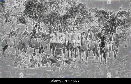 Negativo - Ballarat Hunt Club con Hounds, Ballarat District, Victoria, circa 1890, il Ballarat Hunt Club con i loro hounds. Le donne stanno cavalcando la sella laterale., Reimagined da Gibon, il design di calore allegro di luminosità e raggi di luce radianza. Arte classica reinventata con un tocco moderno. La fotografia ispirata al futurismo, che abbraccia l'energia dinamica della tecnologia moderna, del movimento, della velocità e rivoluziona la cultura. Foto Stock