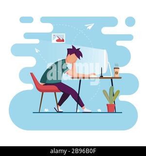 Freelance da casa. Processo di lavorazione. Concetto di autoisolamento. Illustrazione piatta vettoriale Illustrazione Vettoriale