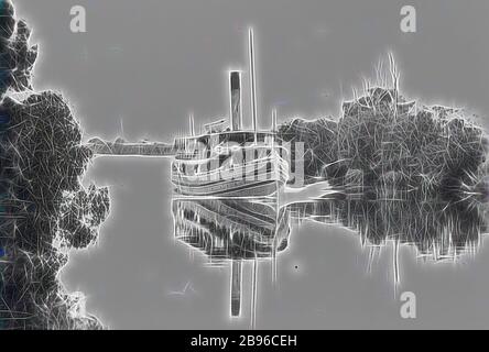 Negativo - Bairnsdale District, Victoria, circa 1935, il 'Gippsland' steamer lasciando Bairnsdale sui Laghi Gippsland., Reimagined by Gibon, design di calore allegro di luminosità e raggi di luce radianza. Arte classica reinventata con un tocco moderno. La fotografia ispirata al futurismo, che abbraccia l'energia dinamica della tecnologia moderna, del movimento, della velocità e rivoluziona la cultura. Foto Stock