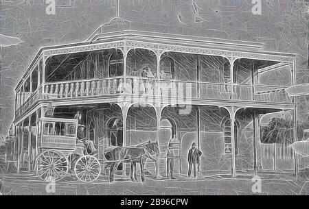 Negativo - Ballarat, Victoria, circa 1890, il Lake View Hotel a Ballarat con un taxi trainato da cavalli di fronte. La cabina ha un cartello sul suo lato che legge 'Lake Victoria's'. Ci sono persone in piedi sulla veranda., Reimagined da Gibon, design di calore allegro di luminosità e raggi di luce radianza. Arte classica reinventata con un tocco moderno. La fotografia ispirata al futurismo, che abbraccia l'energia dinamica della tecnologia moderna, del movimento, della velocità e rivoluziona la cultura. Foto Stock