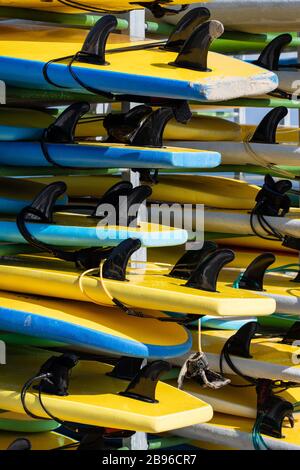 Pile di tavole da surf gialle e blu sulla spiaggia Foto Stock