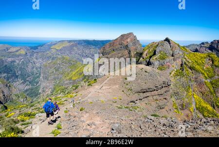 Una panoramica delle montagne del sentiero 'Pico Areeiro' fino a 'Pico Ruivo', isola di Madeira, Portogallo. Foto Stock