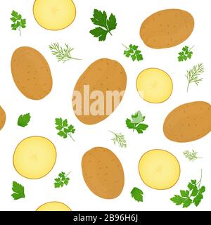 Patate intere e fette di patate isolate su sfondo bianco. Tubero di patate non sbucciate con foglie di prezzemolo. Illustrazione vettoriale. Ripetizione senza giunture. Illustrazione Vettoriale