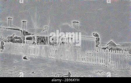 Negativo - Casterton, Victoria, circa 1900, una piccola casa con una veranda e quattro alberi nel giardino di fronte. C'è un bambino che sta sulla sinistra., Reimagined by Gibon, il design di calore allegro di luminosità e raggi di luce radianza. Arte classica reinventata con un tocco moderno. La fotografia ispirata al futurismo, che abbraccia l'energia dinamica della tecnologia moderna, del movimento, della velocità e rivoluziona la cultura. Foto Stock