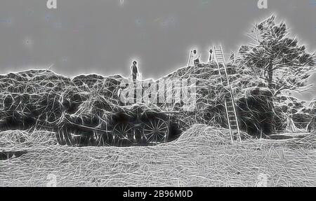 Negativo - Carting Hay a Boxdale Farm, Nhill, Victoria, 1919, uomini che carpano fieno sulla fattoria 'Boxdale'. C'è una squadra di due cavalli che tira il carrello., Reimagined by Gibon, design di calore allegro di luminosità e raggi di luce radianza. Arte classica reinventata con un tocco moderno. La fotografia ispirata al futurismo, che abbraccia l'energia dinamica della tecnologia moderna, del movimento, della velocità e rivoluziona la cultura. Foto Stock