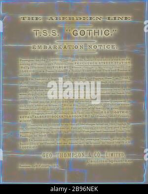 Avviso - la Aberdeen Line, Avviso di imbarco TSS 'Gothic', 14 febbraio 1912, avviso di imbarco inviato al Sig. George White a Stockport, Inghilterra, che descrive i dettagli della nave, la data e il luogo di partenza, e le istruzioni relative all'etichettatura e alla ricevuta del bagaglio. Elenca l'orario e la località di partenza come 29 febbraio 1912, dalla stazione di Fenchurch Street per il molo di Tilbury. Rilasciato da Geo Thompson & Co. Ltd e datato 14 febbraio 1912., Reimagined da Gibon, disegno di caldo allegro incandescente di luminosità e di radianza di raggi di luce. Arte classica reinventata con un tocco moderno. Fotografia ispirata al futurismo, embr Foto Stock