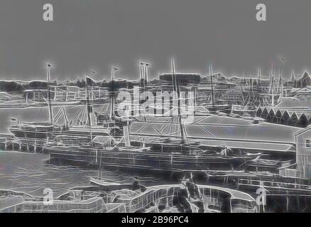 Fotografia - navi da carico, Circular Quay, Sydney, nuovo Galles del Sud, 1880-1910, immagine in bianco e nero delle navi da carico a Circular Quay a Sydney. E' una delle 15 fotografie in bianco e nero che mostrano le navi passeggeri e da carico nelle acque australiane., Reimagined by Gibon, design di caldo e allegro bagliore di luminosità e raggi di luce. Arte classica reinventata con un tocco moderno. La fotografia ispirata al futurismo, che abbraccia l'energia dinamica della tecnologia moderna, del movimento, della velocità e rivoluziona la cultura. Foto Stock