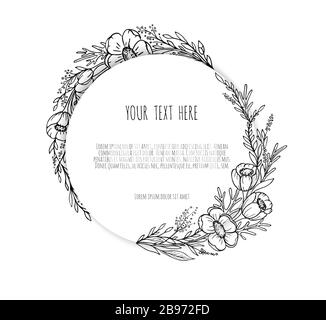 Disegno linea corona ornata, cornice floreale con fiori, rami, piante, erbe. Illustrazione Vettoriale